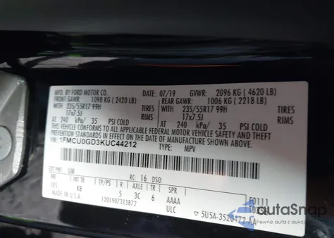 2019 Ford Escape Se из США, поврежденный, VIN 1FMCU0GD3KUC44212